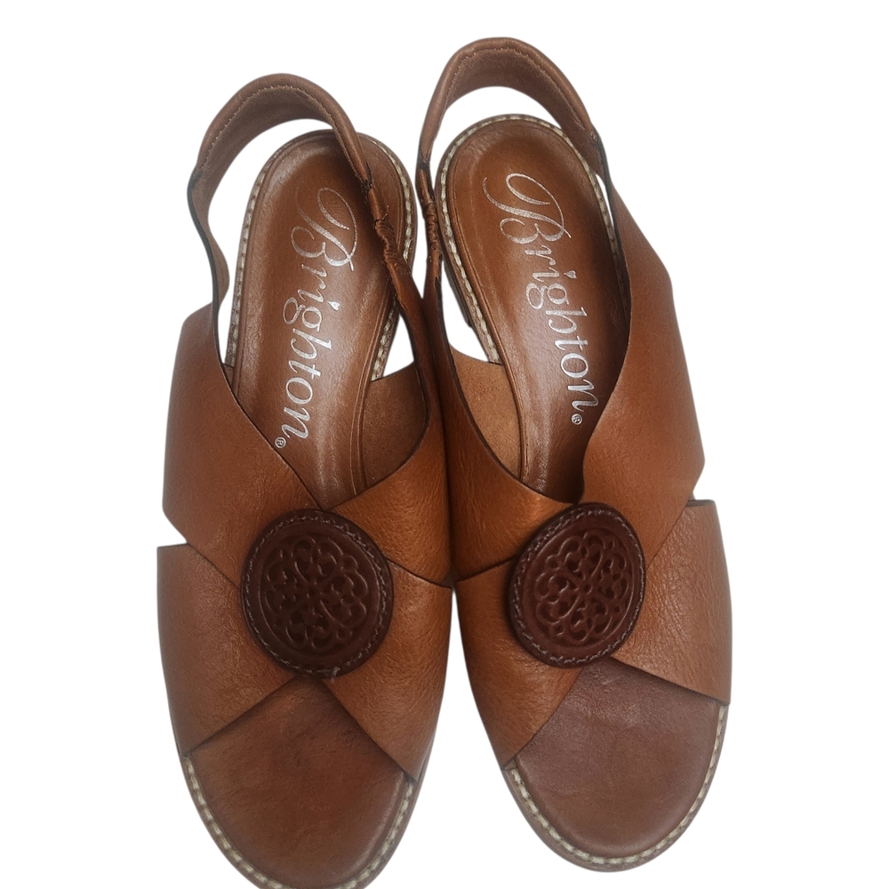 Brighton Nicole X Band Sling Leather Sandals In Cognac Size 8M- Made In Brazil